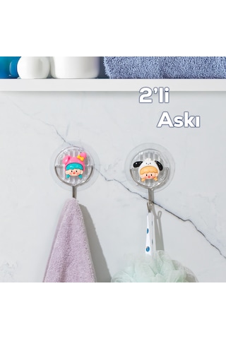 Porsima 085 2 Adet Figür Desenli Yapışkanlı Banyo Mutfak Askısı Renkli