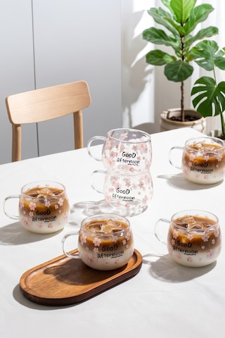 Porsima 2089 6lı Borosilikat Isıya Ateşe Dayanıklı Cam Kulplu Çay Bardağı Kahve Bardak Kupa 400 ML