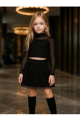 Kız Çocuk Taşlı İşlemeli Tül Bluz Etekli Takım-16407 Siyah