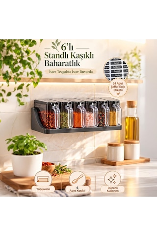1182 6 Lı Standlı Kendinden Yapışkanlı Kapaklı Kaşıklı Baharatlık Takımı - Baharatlık - Antrasit Çok Renkli