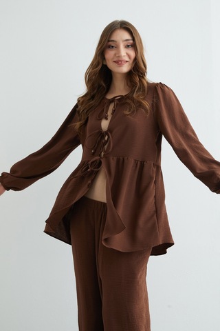 Fullamoda Fullamodest Önü Bağlamalı Ayrobin Kimono 2 Li Takım Kahve