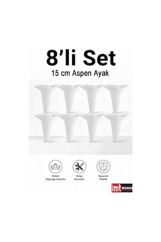 Aspen 15 Cm Beyaz 8'li Set Koltuk Baza Dolap Tv Ünitesi Yatak Odası Konsol Ayağı Beyaz