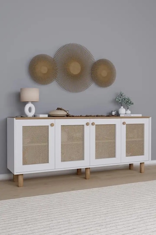 Bohem Serisi Natura Pvc Hasır Desen Mat Beyaz - Açık Ceviz Konsol Açık Ceviz & Beyaz