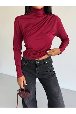 Trendhazan Boğazlı Drapeli Sandy Kumaş Bluz bordo