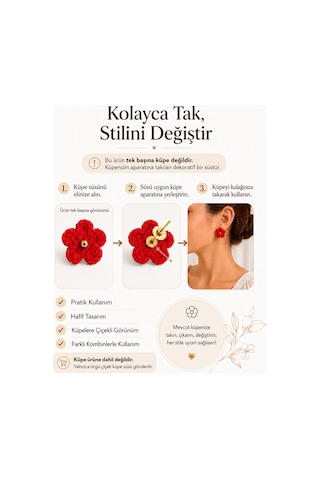 Çiçek Papatya Küpe Süsü Tak Çıkar Küpe Aksesuarı Kırmızı