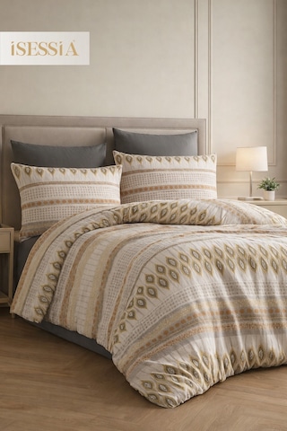 Mira Çift Kişilik Lastikli Çarşaflı Nevresim Takımı Bej - Motif