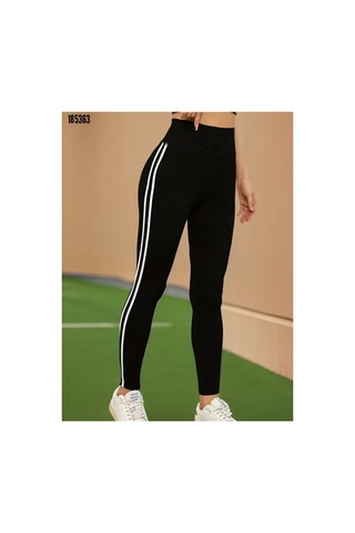 Butik İstanbul Kadın Yüksek Bel Yanları Şerit Detaylı Uzun Sporcu Tayt Siyah