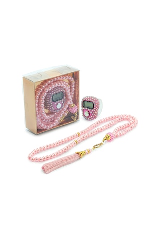 Hediyelik Taşlı Zikirmatik Ve 99 Lu İnci Tesbih Kutulu Set - Pembe