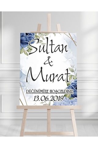 Söz Nişan Düğün İçin 50x70 Karşılama Panosu - Beyaz Çiçek Ve Yeşil Yaprak Tasarımlı