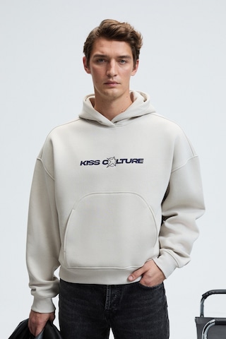 Grimelange TRUETT Erkek Kapüşonlu Kanguru Cepli Önü Ve Sırtı Baskılı Oversize Gri Sweatshirt