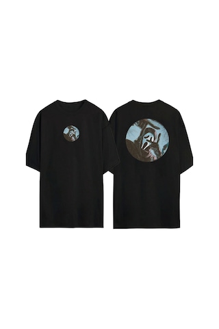 Thewert Unisex Çığlık Maskesi Ön Arka Baskılı Sıyah Oversize T-shirt Siyah