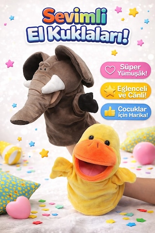 2 Li Fil Ve Ördek Peluş El Kuklası Seti Ağzı Hareket Eden Eğitici Kuklalar Çok Renkli