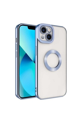 Apple Uyumlu iPhone 14 Plus Kılıf Kamera Korumalı Logo Gösteren Zore Omega Kapak Mavi Açık