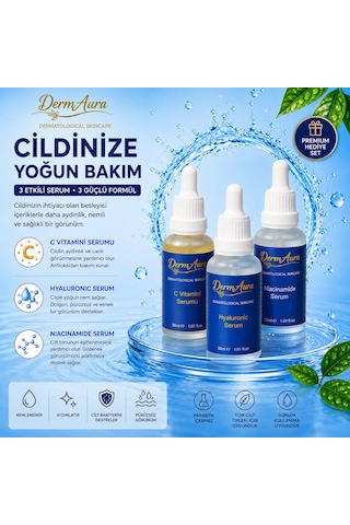 Dermaura 3 Lü Serum Bakım Seti C Vitamini + Hyaluronic + Niacinamide Serum