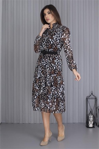 Neşeli Butik Kadın Kemerli Yeni Sezon Midi Boy Desenli Şifon Elbise Apcx04 Çok Renkli