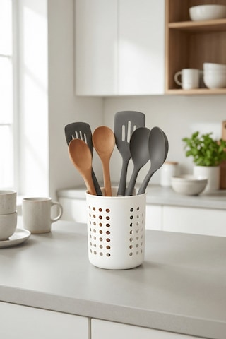 Beyaz - A+ Silindir Kaşıklık Tezgah Üstü Servis Standı, Su Gider Delikli, Plastik Düzenleyici Organizer Beyaz