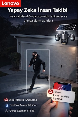 G4w19 3 Lensli 4g Sım Kartlı 360 Ptz Solar Güvenlik Kamerası Güneş Panelli Gece Görüşlü Dış Mekan 1 Yıl 120gb Dahil