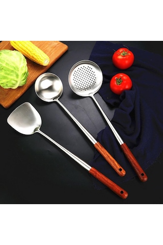 Homyl Paslanmaz Çelik Wok Spatula Kepçe Skimmer Alet Seti Gümüş GÜmüş