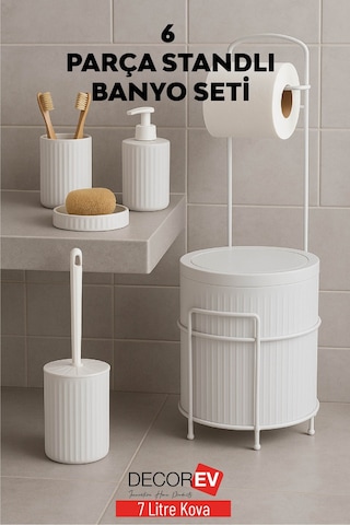 Decorev 6 Parça Metal Standlı Banyo Seti 7 Litre Çöp Kovası, Tuvalet Kağıtlığı, Sabunluk, Fırçalık Ve Sıvı Sabunluk Dc Beyaz