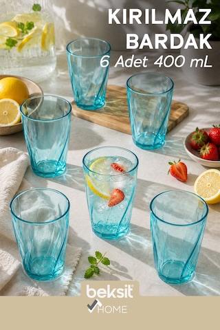Beksit Home Glassy Kırılmaz Polikarbon 6'lı Bardak Turkuaz (400 ml)