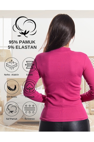 Alya Underwear Kaşkorse Yarım Boğaz Body Sweatshirt, Fitilli Kumaş, Likralı, Bordo Fuşya Melanj