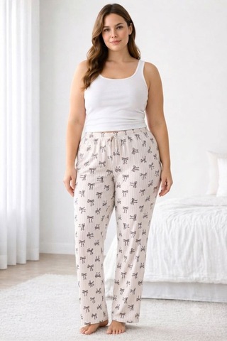 Viskon Pamuklu Kadın Büyük Beden Pudra Desenli Pijama Pantolon - Mgb009 - Mudanis
