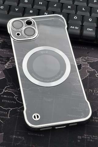 Apple Uyumlu iPhone 13 Uyumlu Gümüş Gri Silver Renkli İnce Kenarlı Şeffaf Sert Kapak Kılıf Gri -