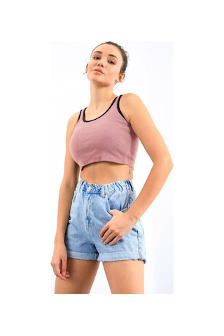 Tommy Life Pudra Basic Sıfır Kol Dar Kalıp U Yaka Kadın Crop Top Atlet - 97162 Pudra