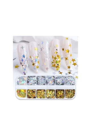 Holografik Gold Gümüş Ay Ve Yıldızlar Tırnak Süsleme Folyo Pulları Mix Nail Art