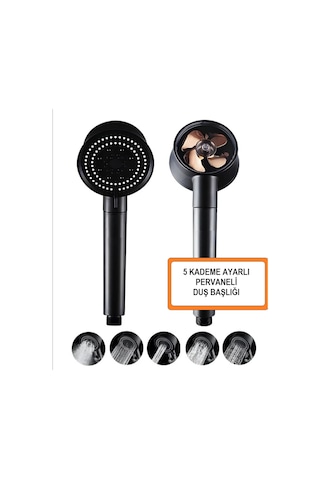 Settı Docıa Turbo Fan Pervaneli Siyah, Duş Başlığı Seti- Başlık, Silikon Hortum, Yapışkanlı Duş Başlığı Tutucu Mat Siyah