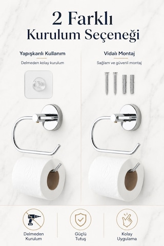 Alper Banyo Ceria Krom Eko Kapaksız Tuvalet Kağıdı Askısı Tuvalet Kağıtlığı Ister Yapıştır Ister Montajla