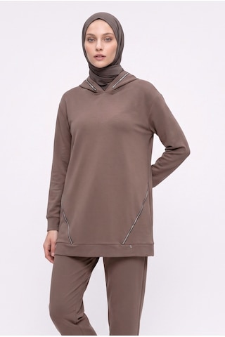 Armine Trend Taşlı Şerit Detaylı Kapüşonlu Pantolonlu İkili Spor Takım Sütlü Kahve 25kt603