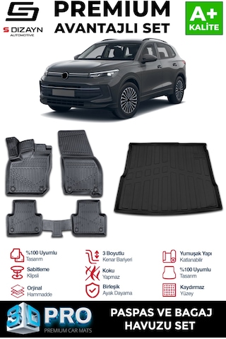 S-dizayn Vw Tiguan 3d Pro Havuzlu Paspas Ve Bagaj Havuzu Seti 2'li Set 2024 Üzeri A+ Kalite