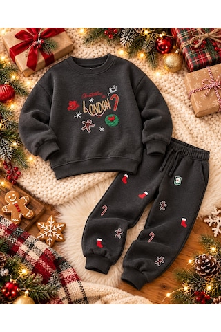 Lolliboomkids Füme Renk Unisex Yılbaşı Figürleri Nakış Detaylı Alt Üst Takım