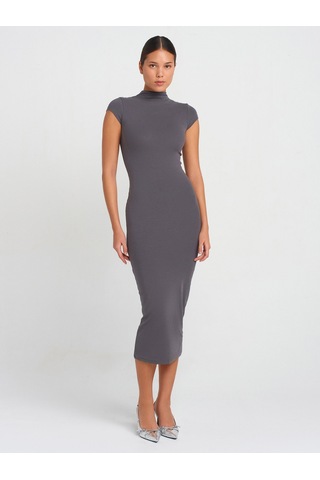 Dilvin 91296 Dik Yaka Midi Elbise Füme