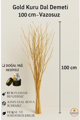 Gerçek Kurutulmuş Ağaç Dalı Demeti Gold El Boyaması 100 Cm
