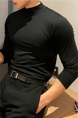 Tarz Cool Erkek Yarım Balıkçı Yaka Uzun Kollu Slim Fit Likralı Oysho Kumaş Tişört Siyah