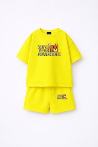 Fasardi Super Bear Adventure Süper Ayı Baskılı Oversize %100 Pamuk Tişört Şort 2li Çocuk Takım Sarı