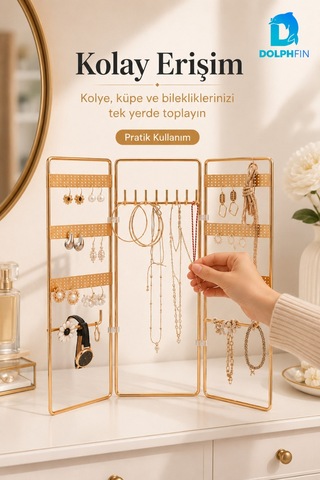3 Kanatlı Katlanabilir Takı Organizeri Küpe Kolye Bileklik Standı Gold Altın
