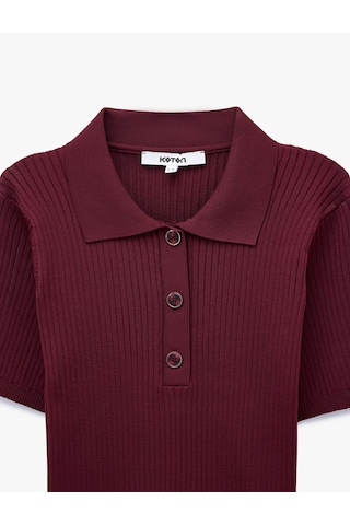 Koton Düğmeli Kısa Kollu Polo Yaka Triko Kazak Bordo 7wak90358ht