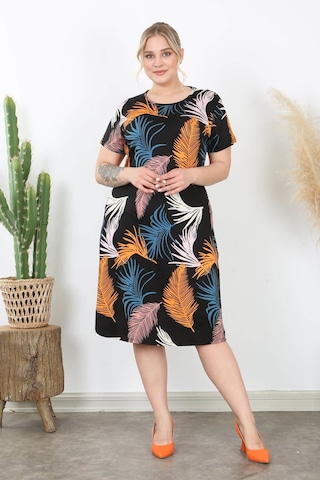 Kadın Turuncu Mavi Tüy Desen Midi Elbise Turuncu