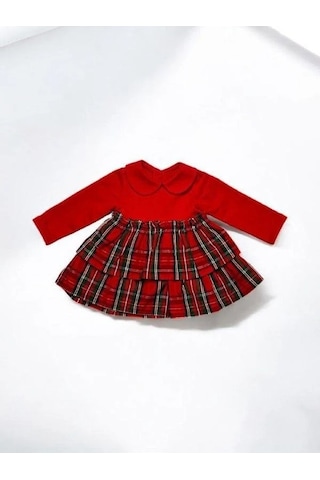 Çikoby Kız Bebek Bebe Yaka Ekose Desenli Elbise-14902 Kırmızı