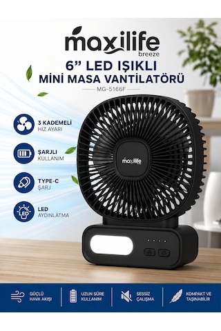 Breeze Mg-5166f 6 İnç Led Işıklı Şarjlı Mini Masa Vantilatörü 3 Kademeli Usb Type-c