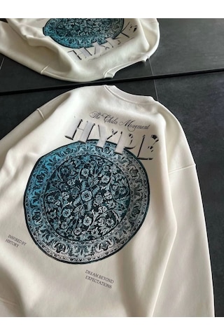 Mbb E-ticaret Kadın 3 İplik Pamuklu Bisiklet Yaka Baskılı Sweatshirt - Beyaz