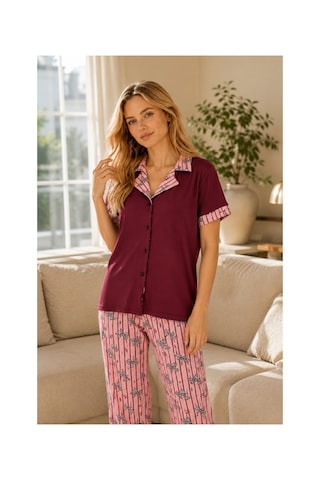 Rindahomewear Kadın Milan Kelebek Desenli Düğmeli Pijama Takımı Bordo