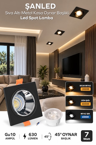 7w 3 Renkli Sıva Altı Kare Metal Siyah Krom Kasa Oynar Başlıklı Gu10 Led Spot 10 Adet Siyah - Krom