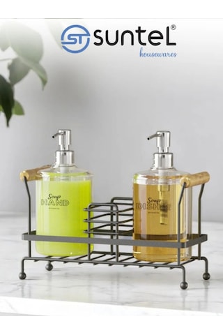 Suntel 2'li Metal Ayaklı Sıvı Sabunluk Seti - 500 Ml Siyah Sabun Ve Losyon Şişesi - Banyo Organizer Siyah