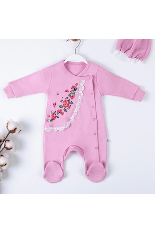Candar 3-9 Ay Kız Bebek Tulumu Çiçek Nakışlı Şapkalı Pembe Pembe
