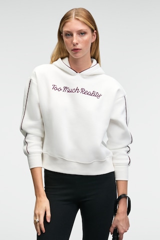 Grımelange VIRETHIA Kadın Ara Biyeli Baskı Ve Nakış Detaylı Kapüşonlu Relaxed Beyaz Sweatshirt