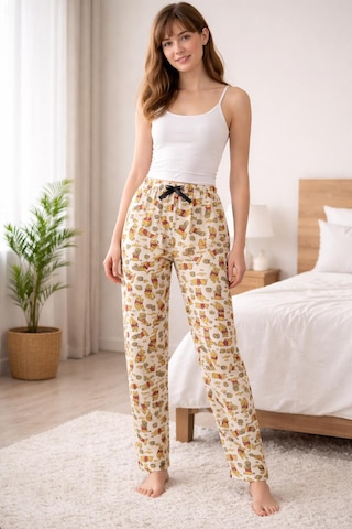 Kadın Desenli Pijama Altı Rahat Kesim Lastikli Ev Giyim Pantolonu Krem